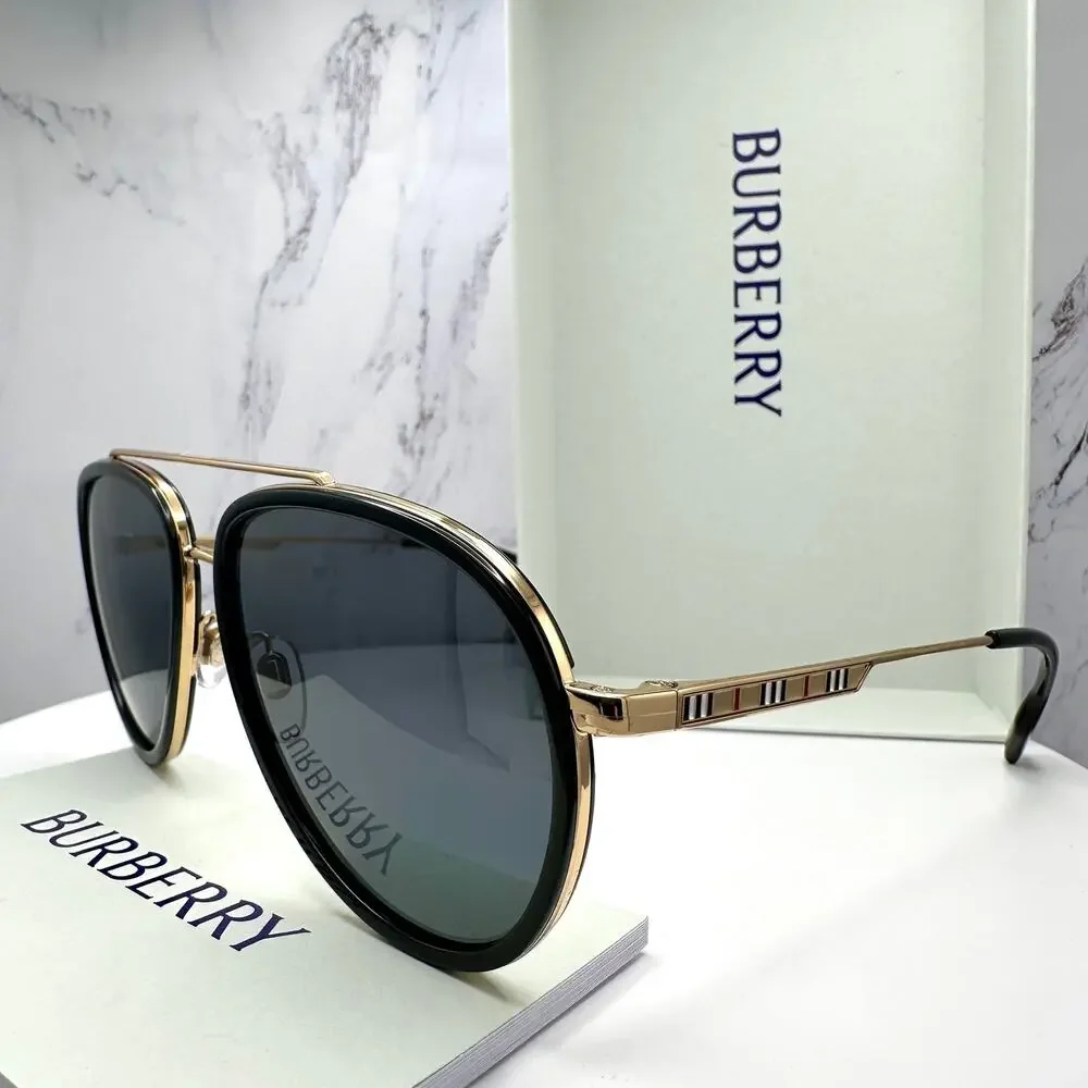 New Burberry Sunglasses Polarized Gold Black Check Arms Aviator Pilot Metal - Picture 3 of 16